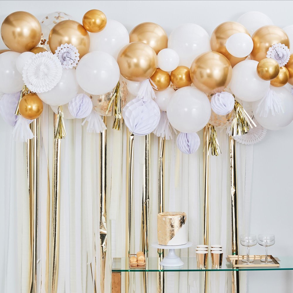 White & Gold Party Balloon Fan Garland Arch Kit DIY