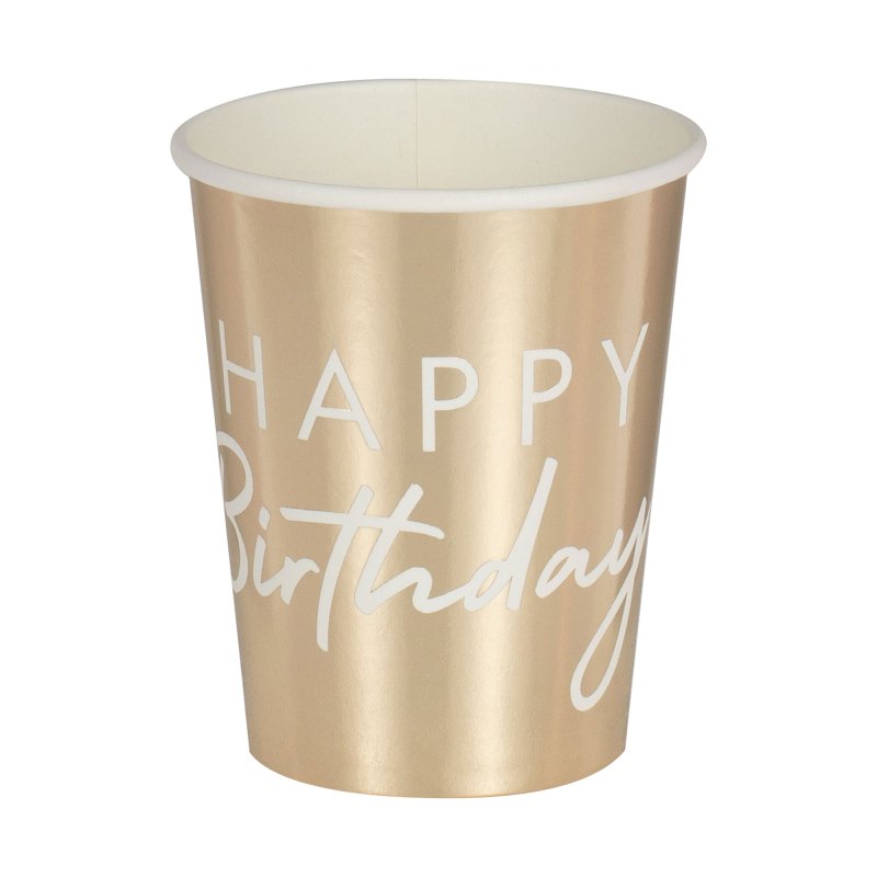 White & Gold Happy Birthday Paper Party Cups