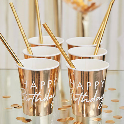 White & Gold Happy Birthday Paper Party Cups