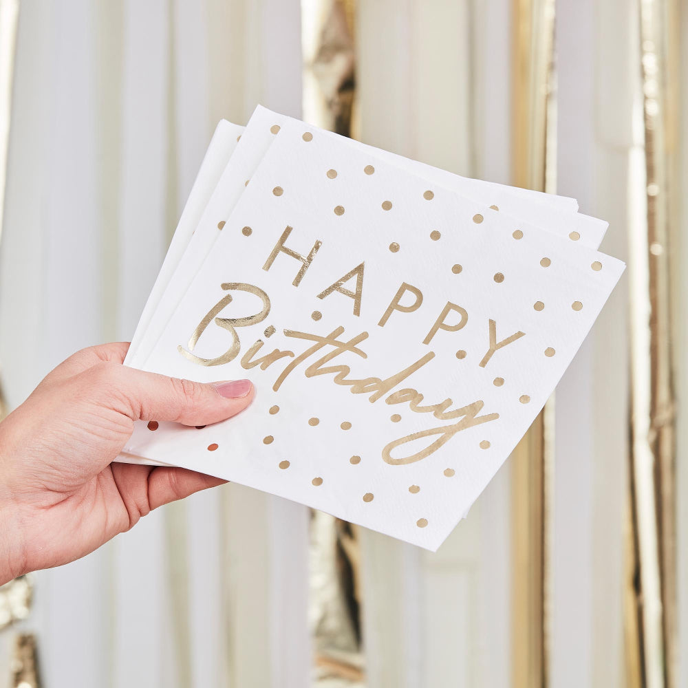 White & Gold Happy Birthday Party Napkin Serviettes