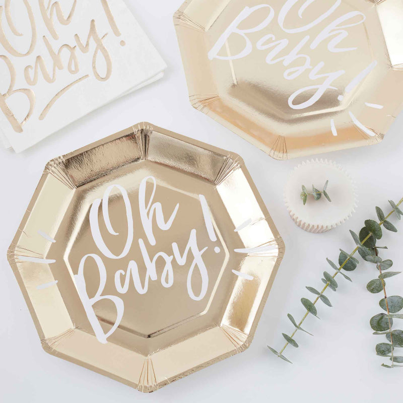 White & Gold Oh Baby Gender Reveal Baby Shower Paper Party Plates