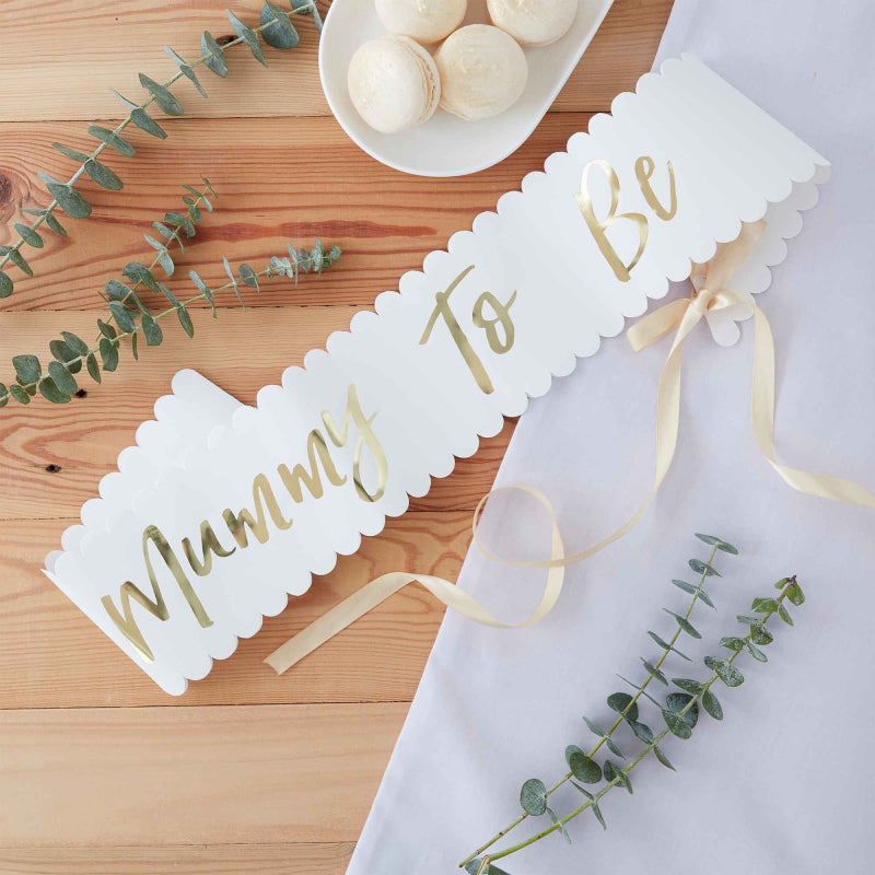 White & Gold Mummy To Be Baby Shower Gender Reveal Sash