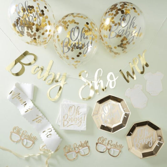 White & Gold Oh Baby Gender Reveal Baby Shower Party Box Kit