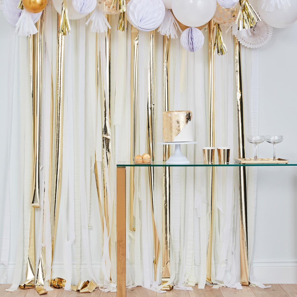 White & Gold Hanging Streamer Party Backdrop