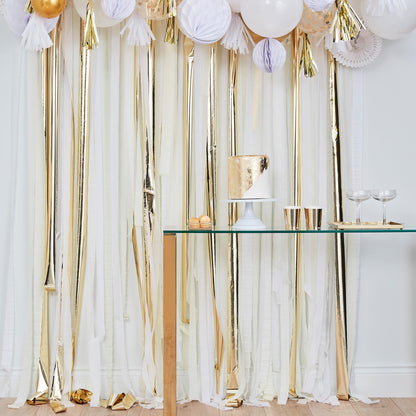 White & Gold Hanging Streamer Party Backdrop