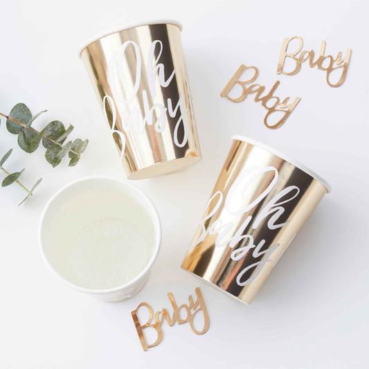 White & Gold Oh Baby Baby Shower Paper Party Cups