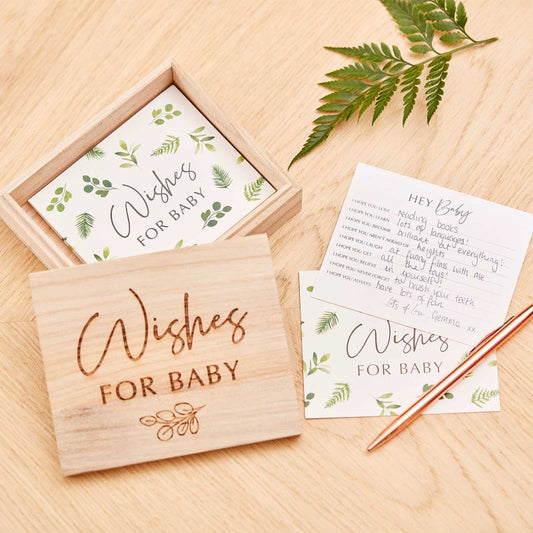 wishes for the baby baby shower game cards advice for the parent keepsake gender reveal wooden botanical box 