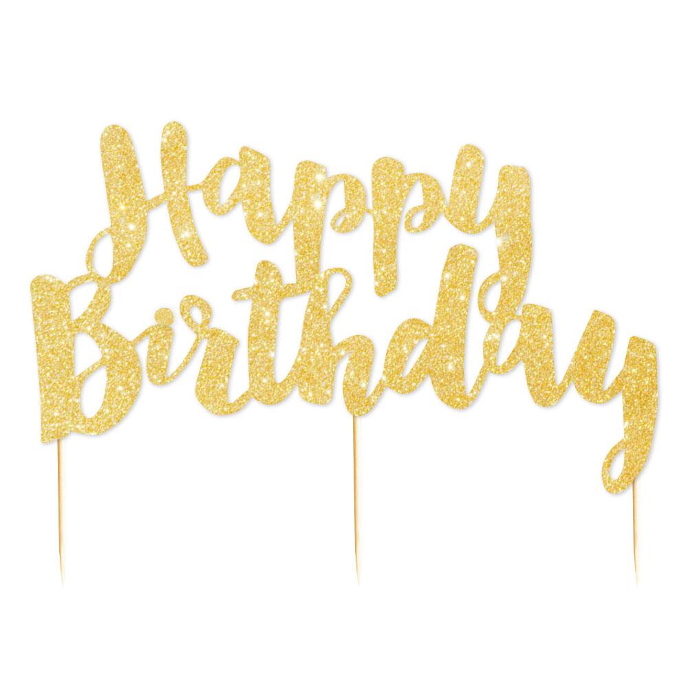 Gold Glitter Happy Birthday Party Cake Topper