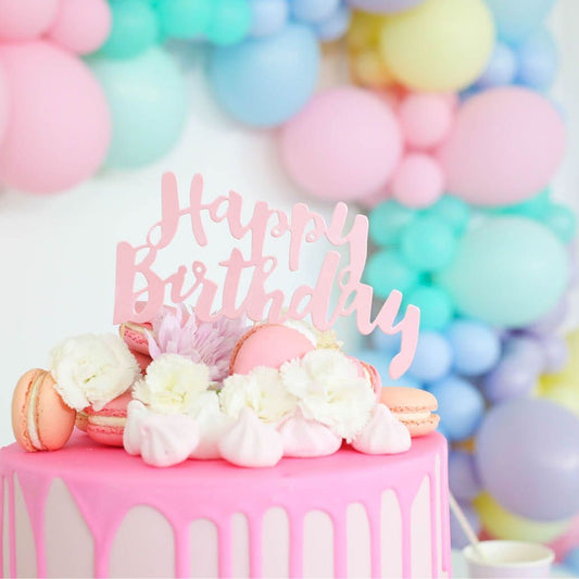 Pastel Pink Happy Birthday Party Cake Topper