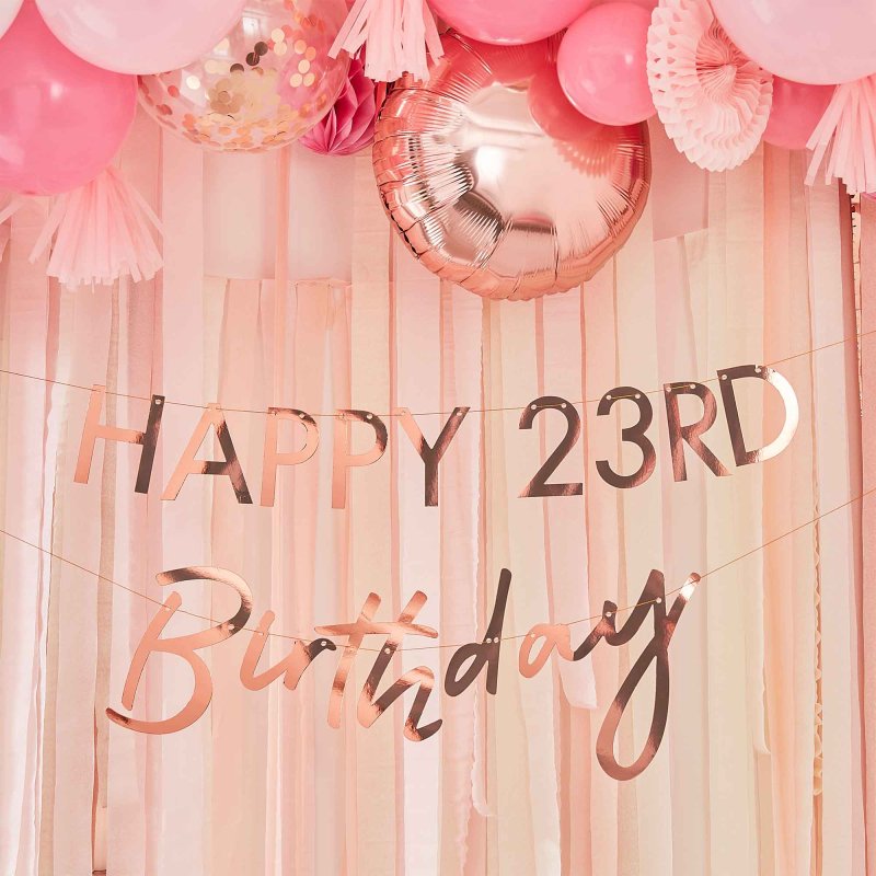 rose gold pink theme birthday party hanging banner decoration bunting words letter happy number birthday customisable personalised