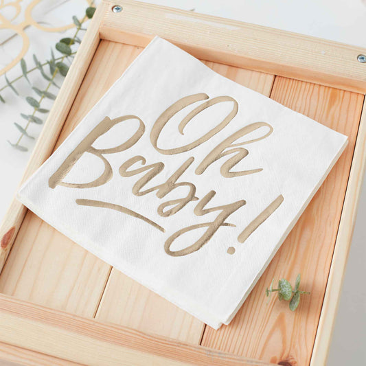 White & Gold Oh Baby Gender Reveal Baby Shower Paper Napkin Serviettes
